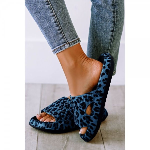 Blue Leopard Print Thick Sole Slip On Slippers