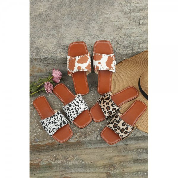 Brown Rivet Embellished Cow Print Flat Slippers