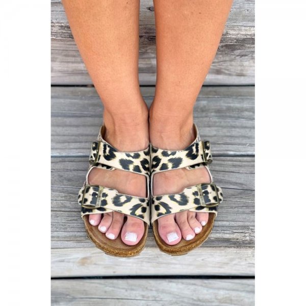 Leopard PU?Leather Square Buckle Slippers