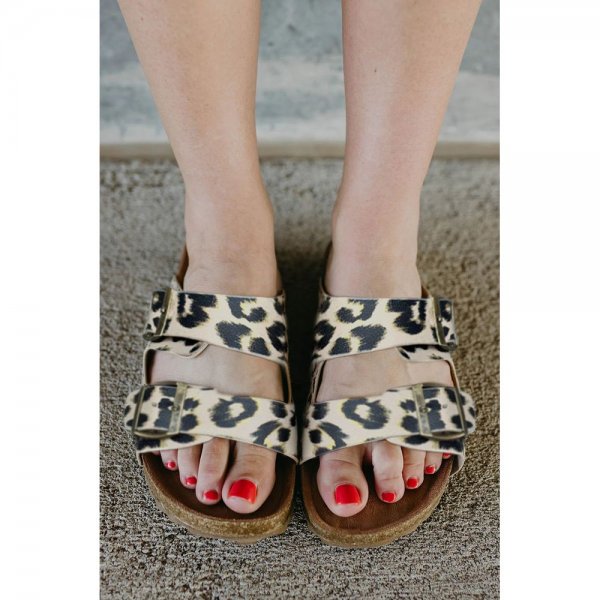 Leopard PU?Leather Square Buckle Slippers