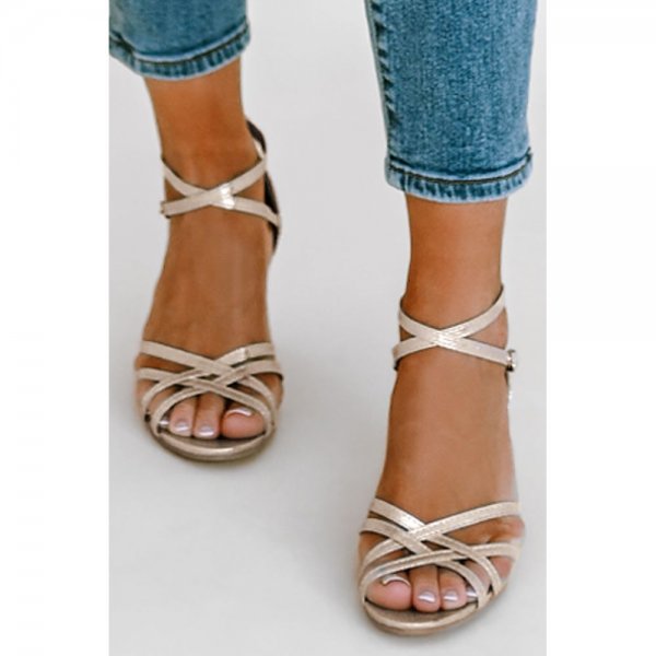 Gold Metallic Crisscross Straps Chunky Heeled Ankle Sandals