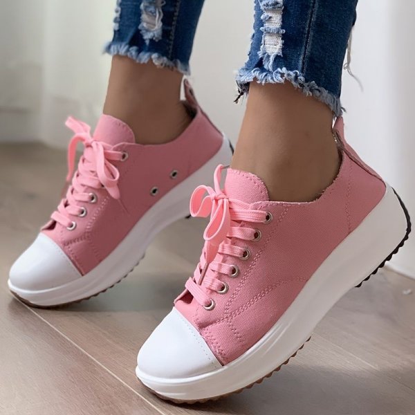 Women's Stylish Leisure Sneakers - Round Toe Low Top Lace Up & Thick Bottom Canvas Shoes for Comfort & Style.