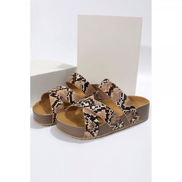 Animal Print Linen Woven Cross Criss Hollowed Slip-On Slippers