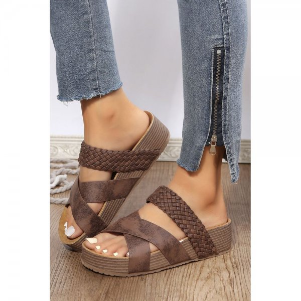 Brown Braided Detail Criss Cross Platform Slippers