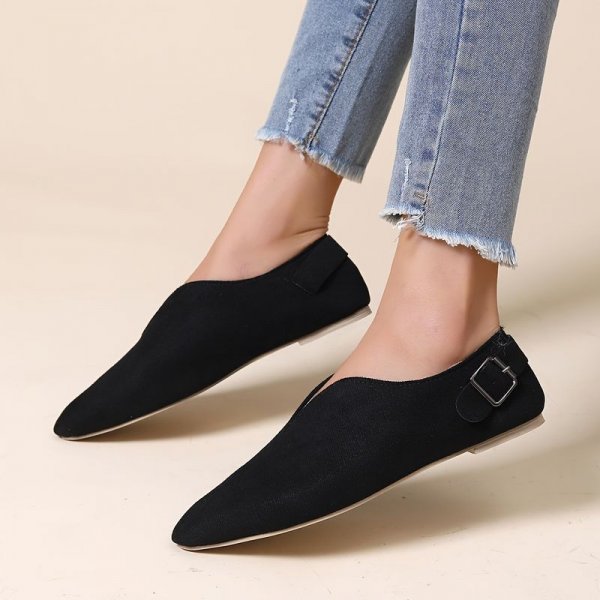 Women's V-cut Pointed Toe Flat Shoes, Comfort Solid Color Buckle Belt Slip On Shoes, Casual Walking Loafers Shoes