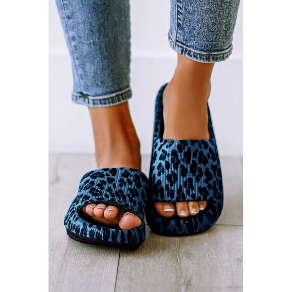 Blue Leopard Print Thick Sole Slip On Slippers