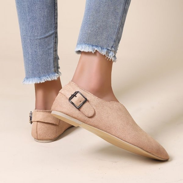 Women's V-cut Pointed Toe Flat Shoes, Comfort Solid Color Buckle Belt Slip On Shoes, Casual Walking Loafers Shoes